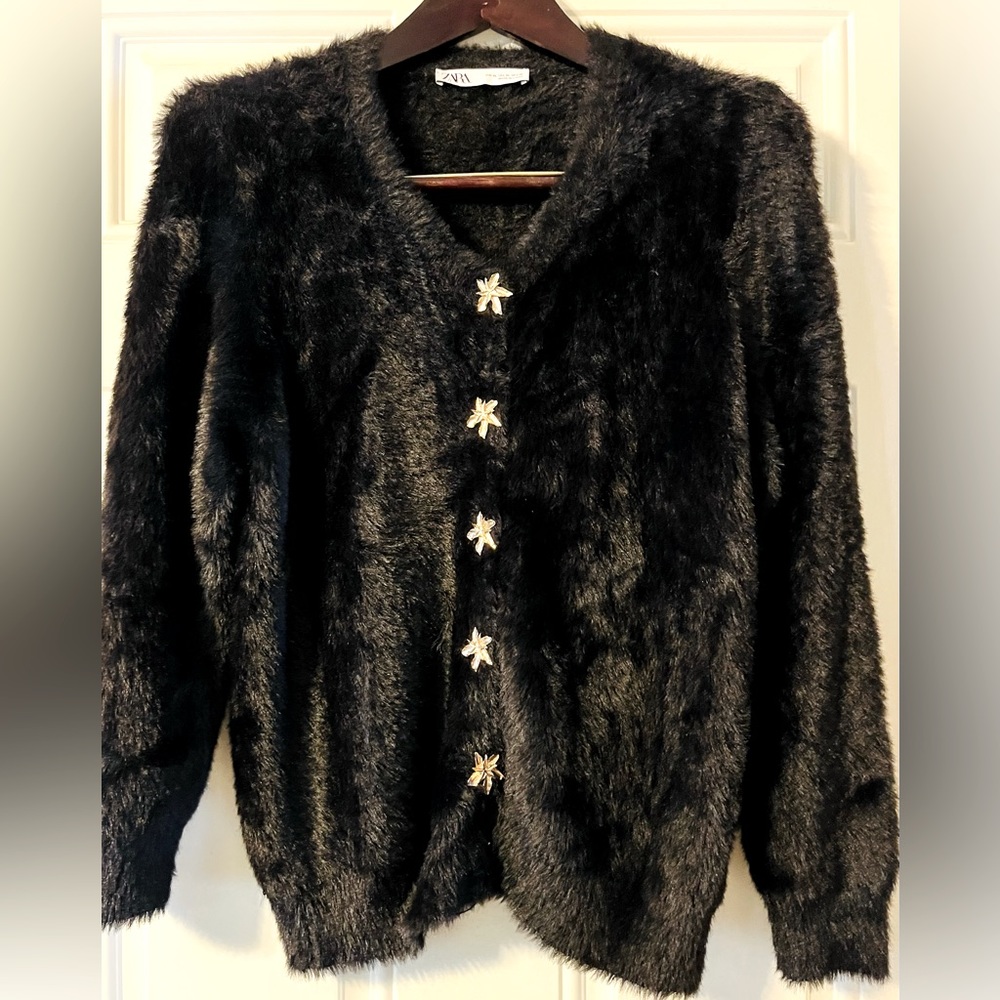 🔥 Zara Black Fuzzy Sweater Cardigan, Gold Buttons